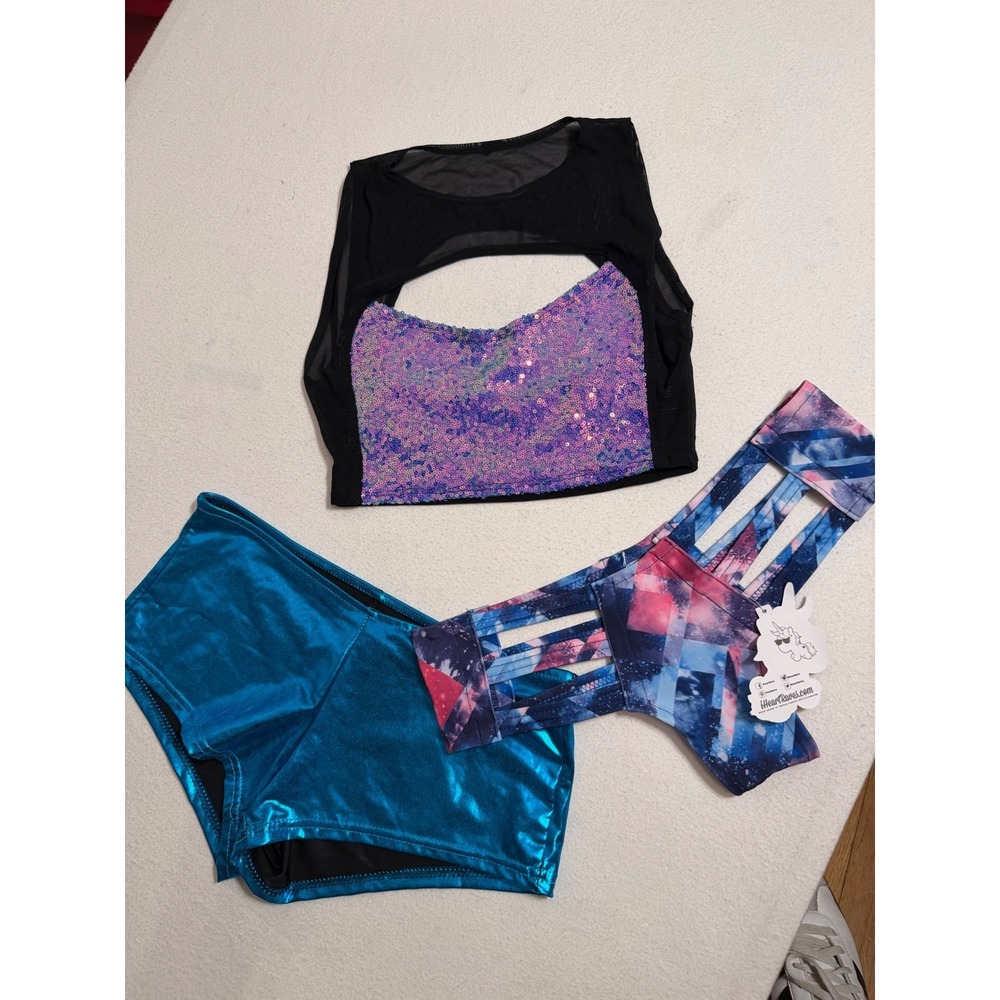 iHeartRaves Galaxy Strappy Bottoms Nihoe Sequin Mesh Top Metallic Shorts Bundle